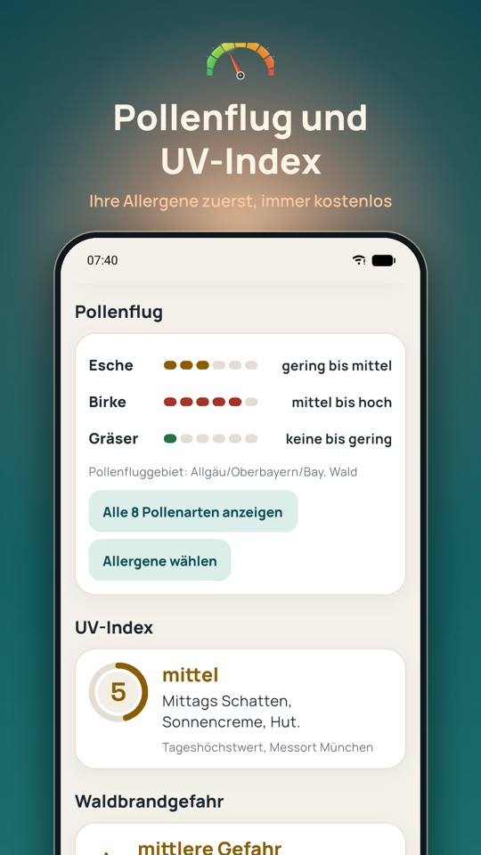 Pollenflug in BioWetter Kompass: Esche gering bis mittel, Birke mittel bis hoch, Gräser keine bis gering, darunter UV-Index 5 (mittel) mit Hinweis zum Sonnenschutz