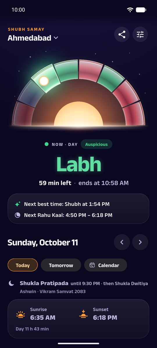 Shubh Samay home screen in Ahmedabad: the day as a dial of 8 choghadiya, Labh running with 59 min left until 10:58 AM, next best time Shubh at 1:54 PM, next Rahu Kaal 4:50 PM to 6:18 PM