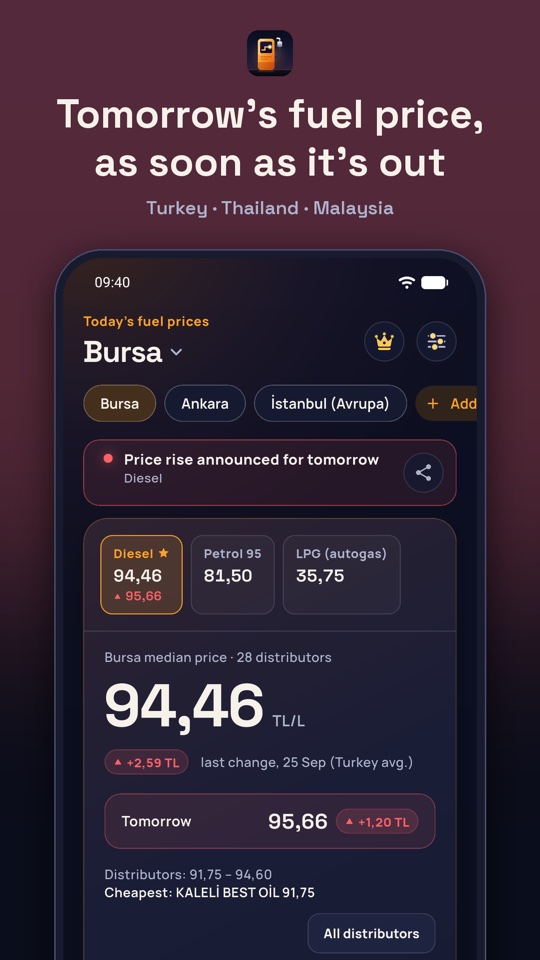 Bursa: a price rise announced for tomorrow on diesel, today's prices for diesel, petrol 95 and LPG, and tomorrow's diesel price