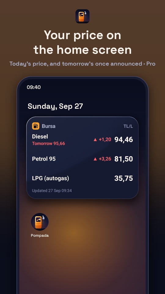 The home screen widget for Bursa: diesel, petrol 95 and LPG prices, with tomorrow's diesel price