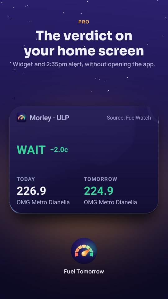The Pro home screen widget for Morley, ULP: Wait, today's and tomorrow's cheapest price and station