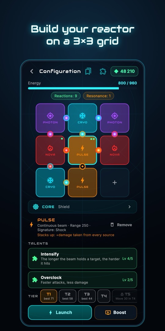 The 3×3 build grid with reaction badges between adjacent elemental towers
