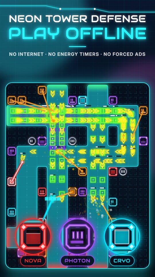 A neon tower defense map with chain lightning and laser towers holding off enemy waves